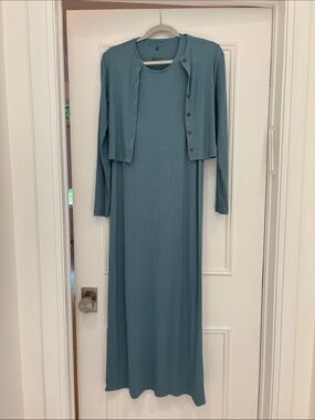 Long Sleeve Maxi Dress with Matching Cardigan - Teal